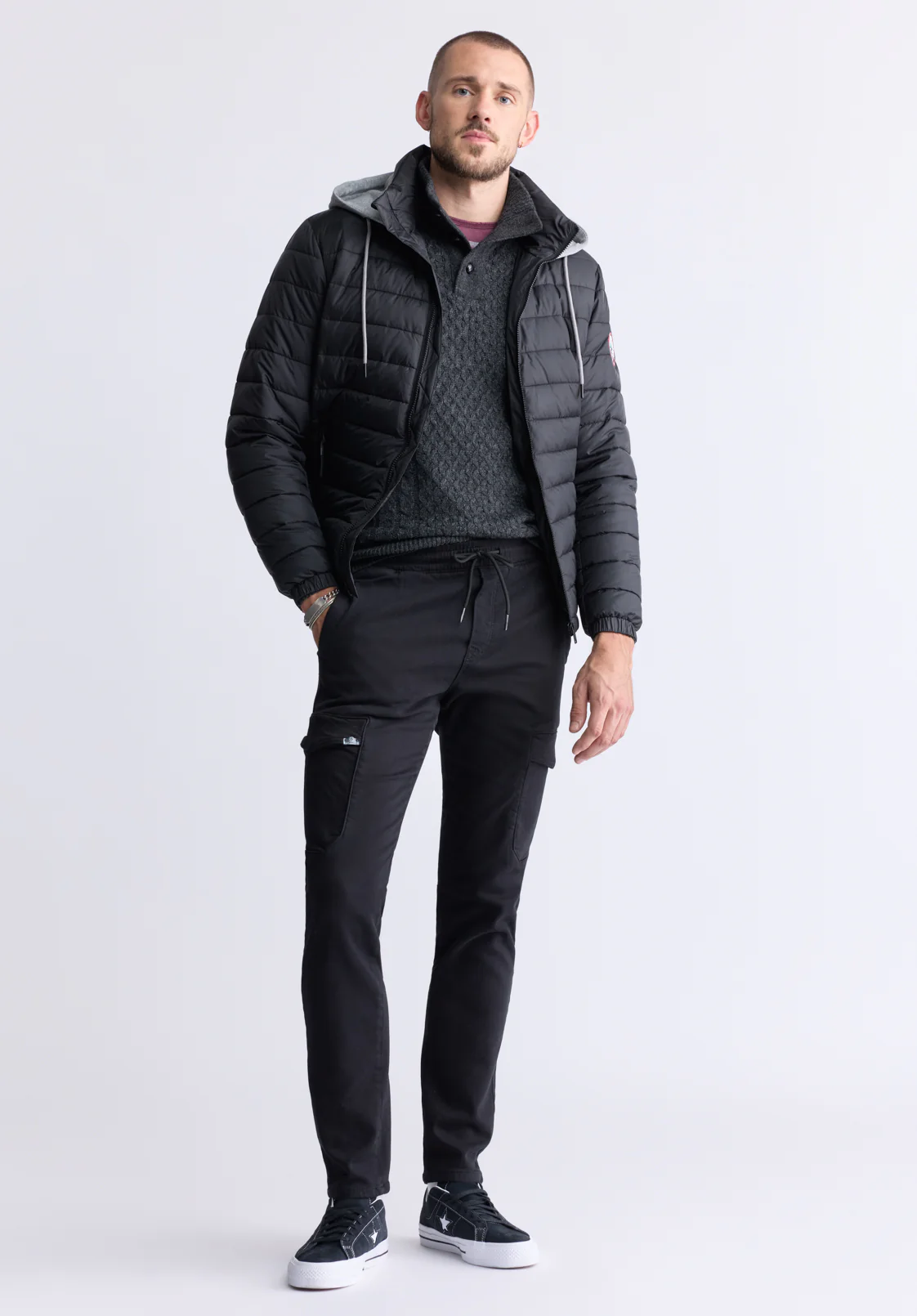Chad Men’s Quilted Puffer Zip-Up Jacket with Contrasting Hoodie, Black - OBMOE002 - Image 3