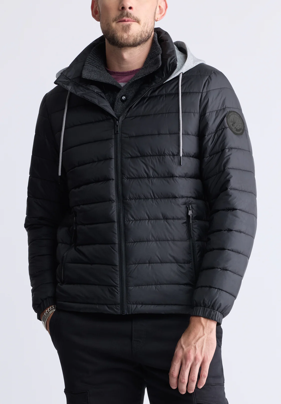 Chad Men’s Quilted Puffer Zip-Up Jacket with Contrasting Hoodie, Black - OBMOE002 - Image 4