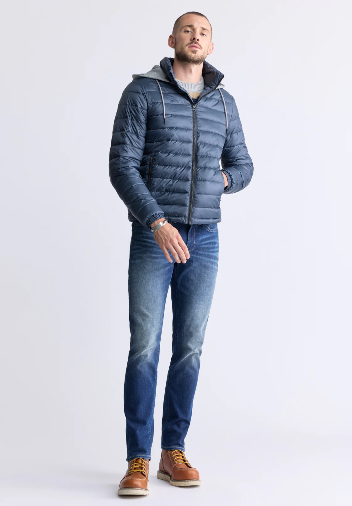 Chad Men’s Quilted Puffer Zip-Up Jacket with Contrasting Hoodie, Navy - OBMOE002 - Image 3