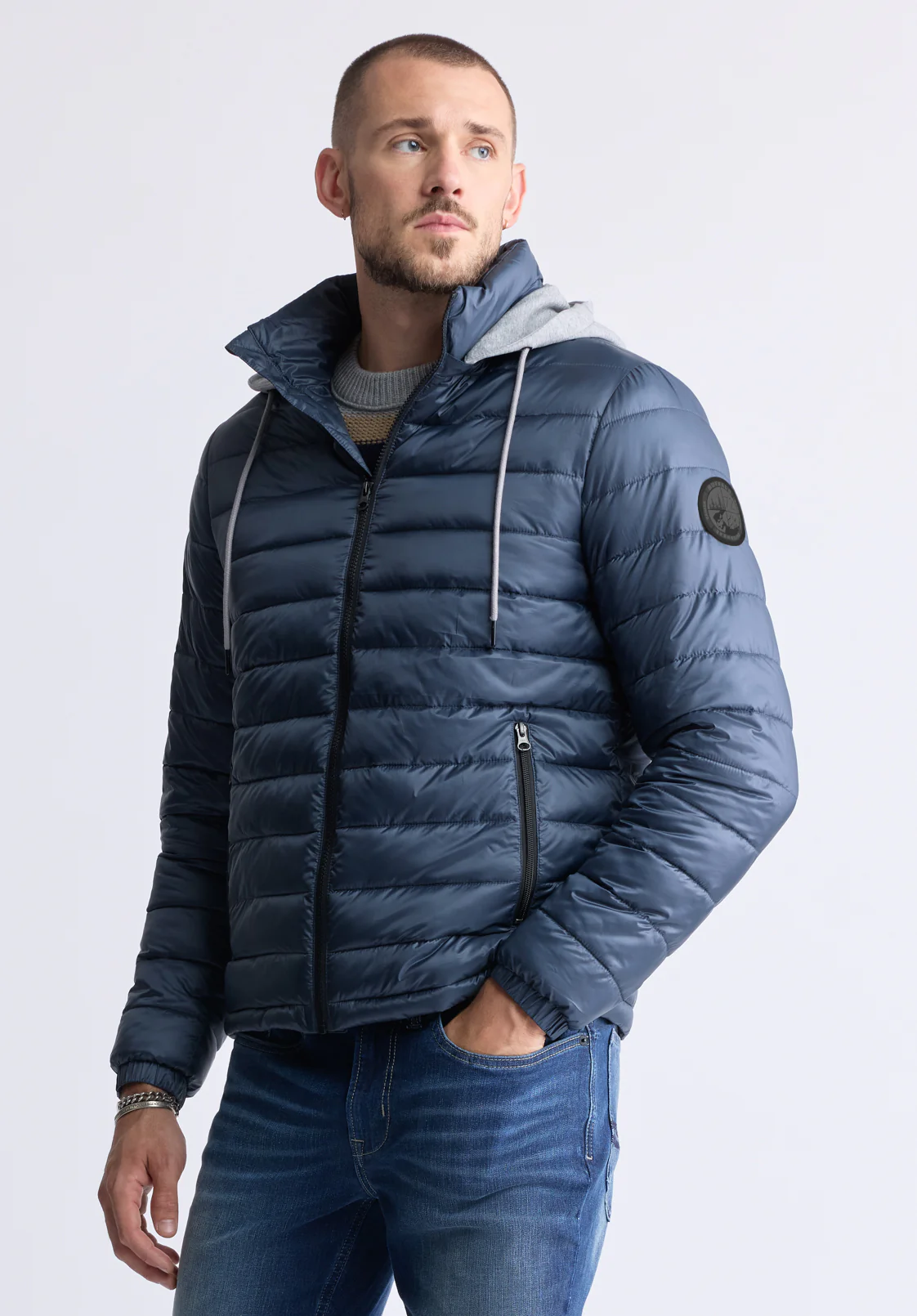 Chad Men’s Quilted Puffer Zip-Up Jacket with Contrasting Hoodie, Navy - OBMOE002 - Image 4