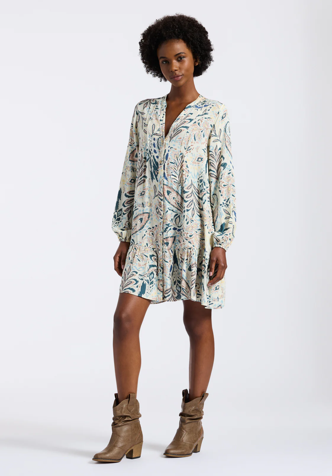 Darya Women's Boho-Print Long-Sleeve Tiered Short Dress, Paisley - WD0089P - Image 3