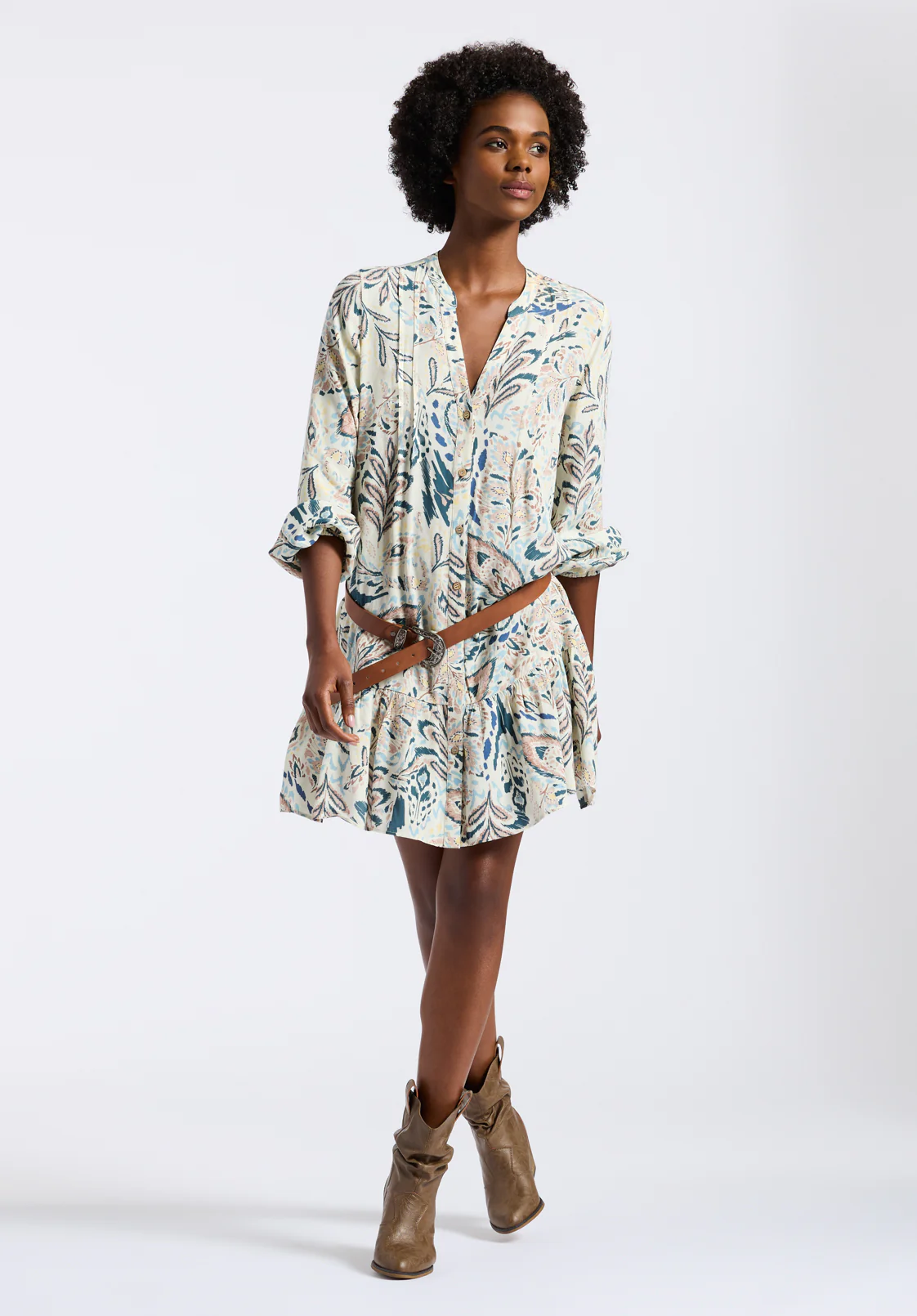 Darya Women's Boho-Print Long-Sleeve Tiered Short Dress, Paisley - WD0089P - Image 4