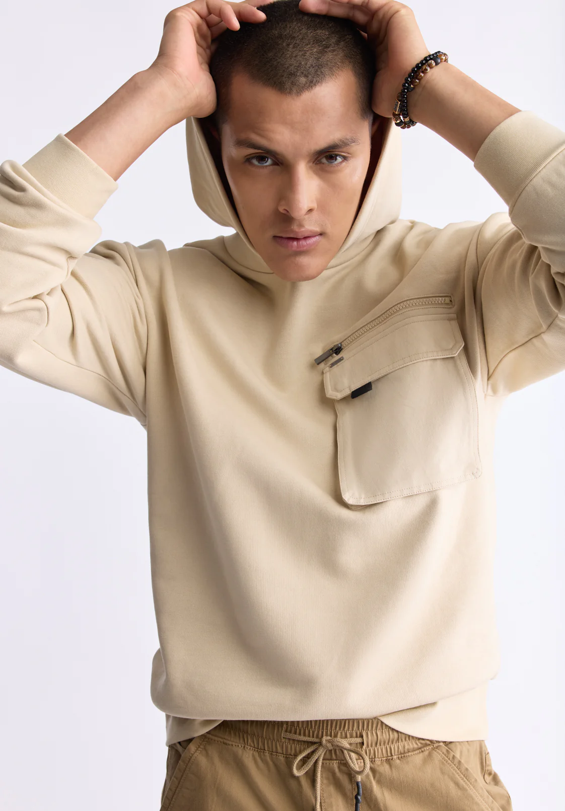 Fabio Men's Hooded Sweatshirt with Chest Pocket, Cream - BM24393 - Image 3