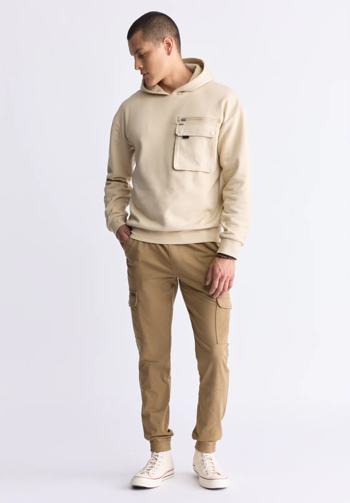 Fabio Men's Hooded Sweatshirt with Chest Pocket, Cream - BM24393 - Image 5