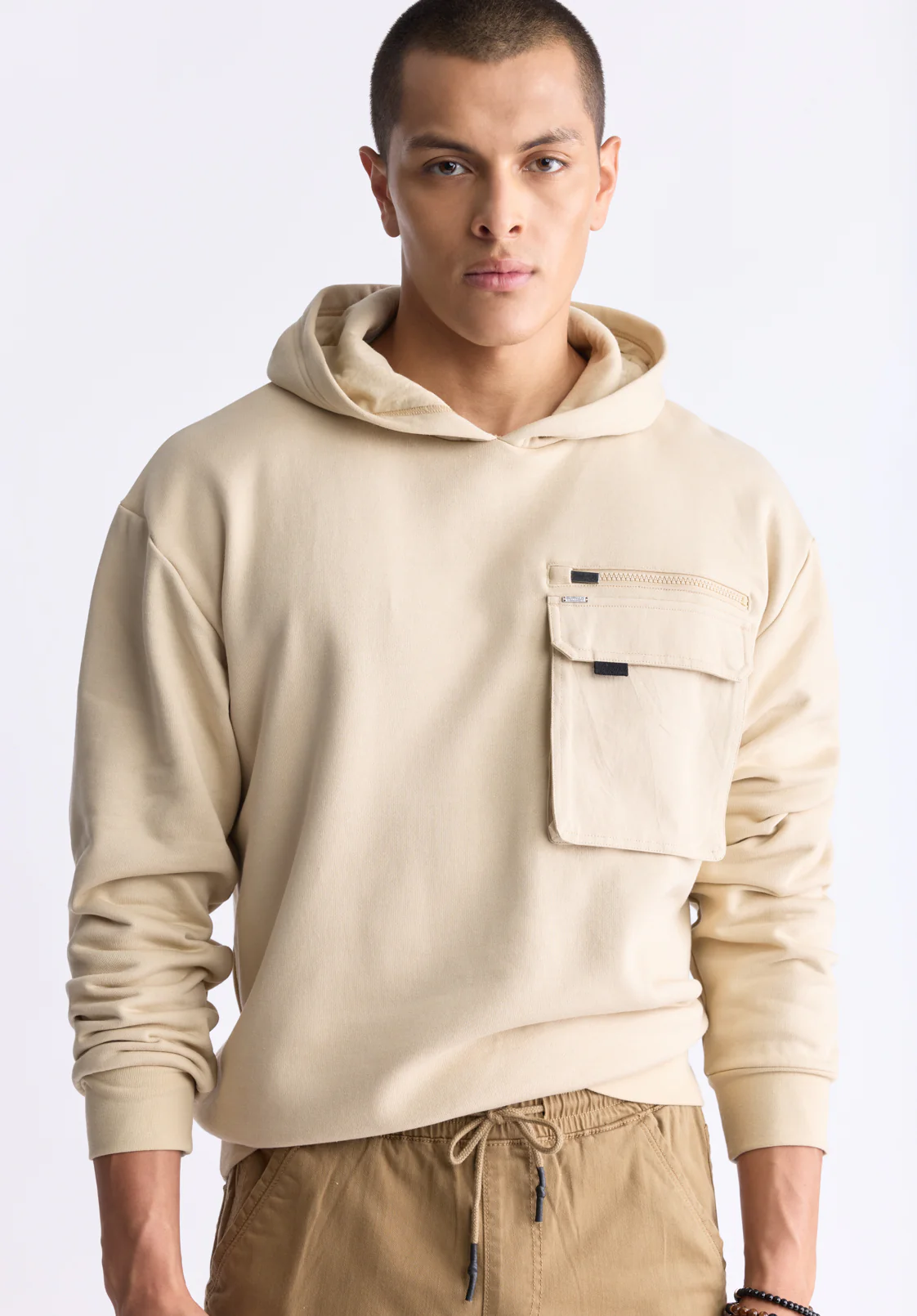Fabio Men's Hooded Sweatshirt with Chest Pocket, Cream - BM24393 - Image 6