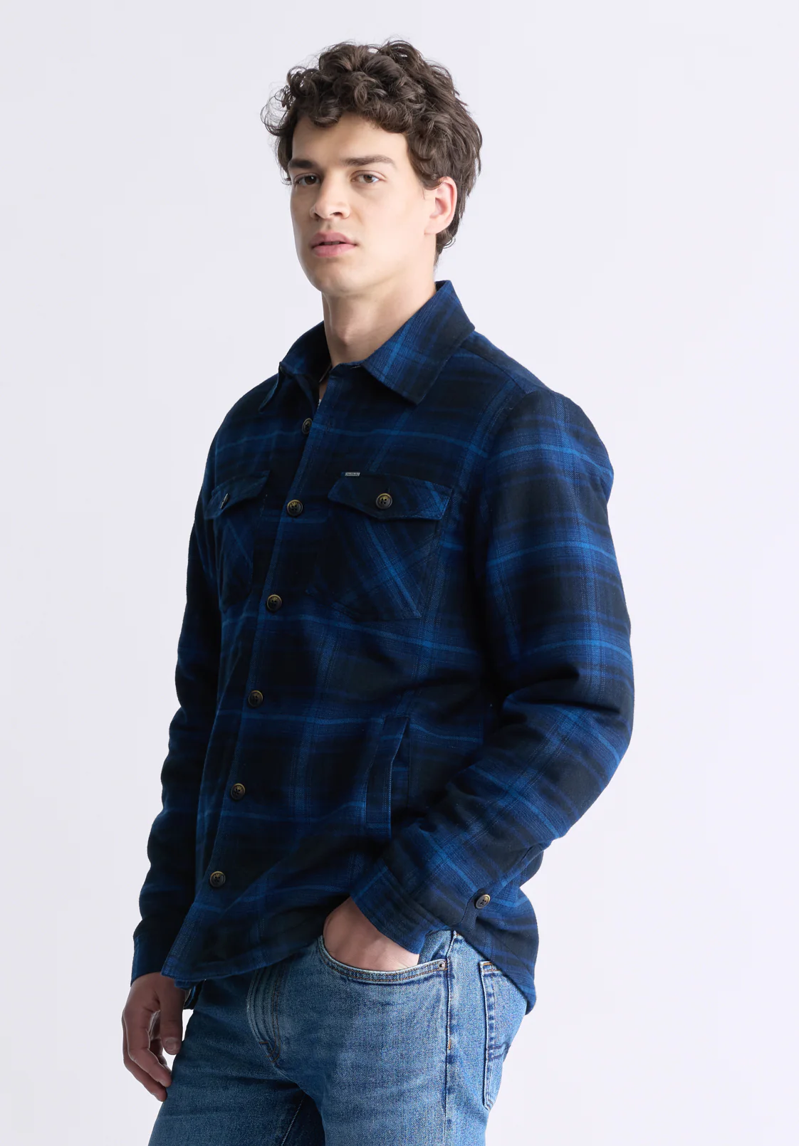 Jalika Men's Plaid Shacket with Sherpa Lining, Black & Navy - BM24447 - Image 3