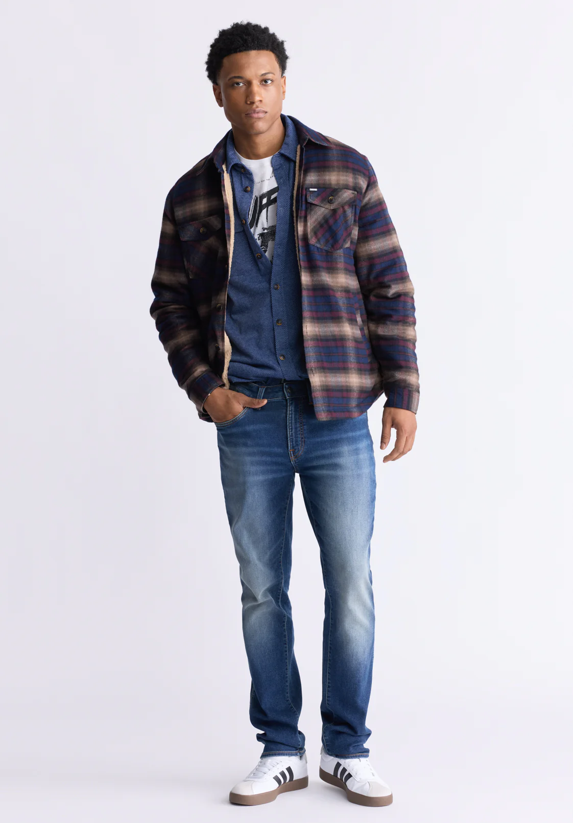 Jalika Men's Plaid Shacket with Sherpa Lining, Whale & Beige - BM24447 - Image 4