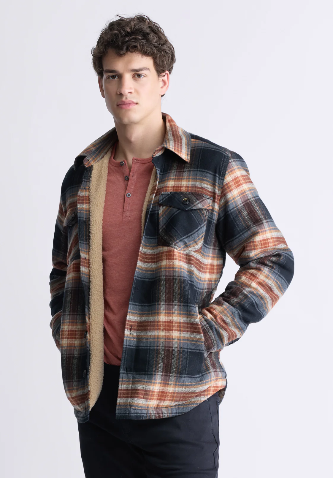 Jalika Men's Plaid Shacket with Sherpa Lining, Black & Brown - BM24447 - Image 3