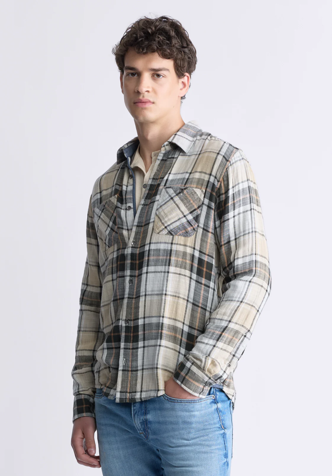 Saolo Men's Long-Sleeve Plaid Shirt, Tan - BM24425 - Image 3