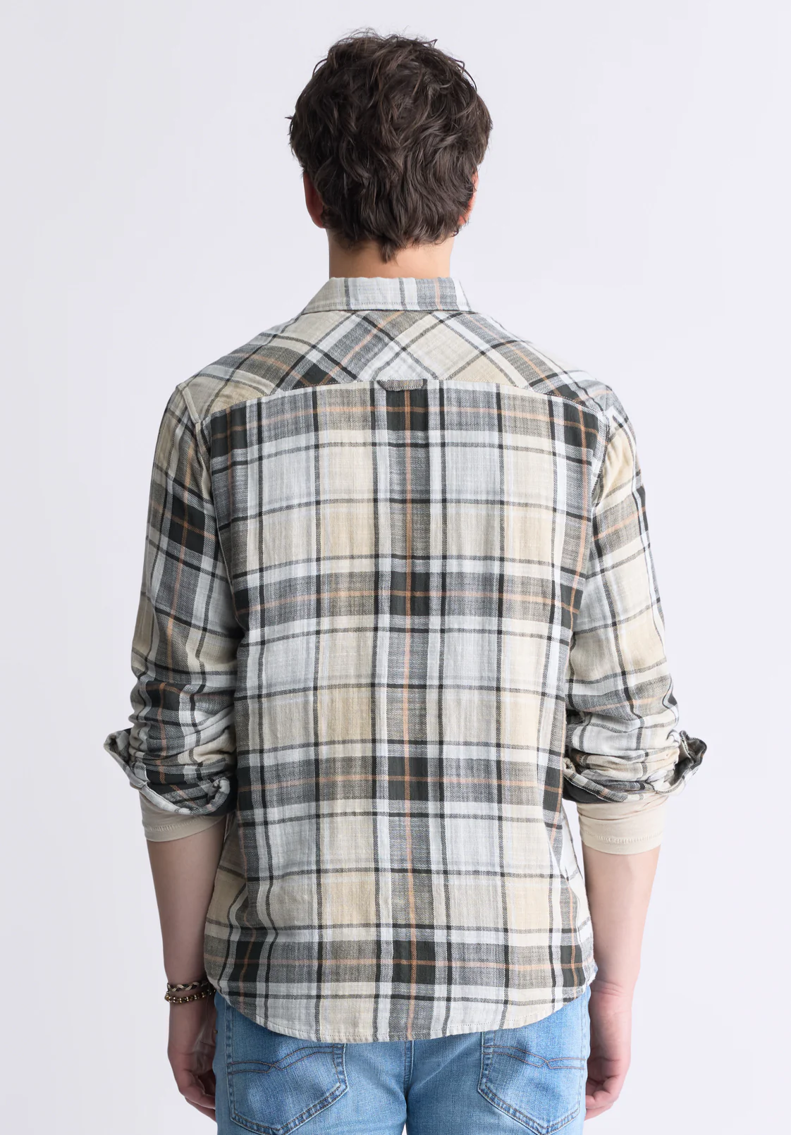 Saolo Men's Long-Sleeve Plaid Shirt, Tan - BM24425 - Image 4