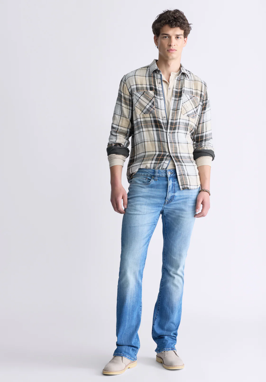 Saolo Men's Long-Sleeve Plaid Shirt, Tan - BM24425 - Image 5